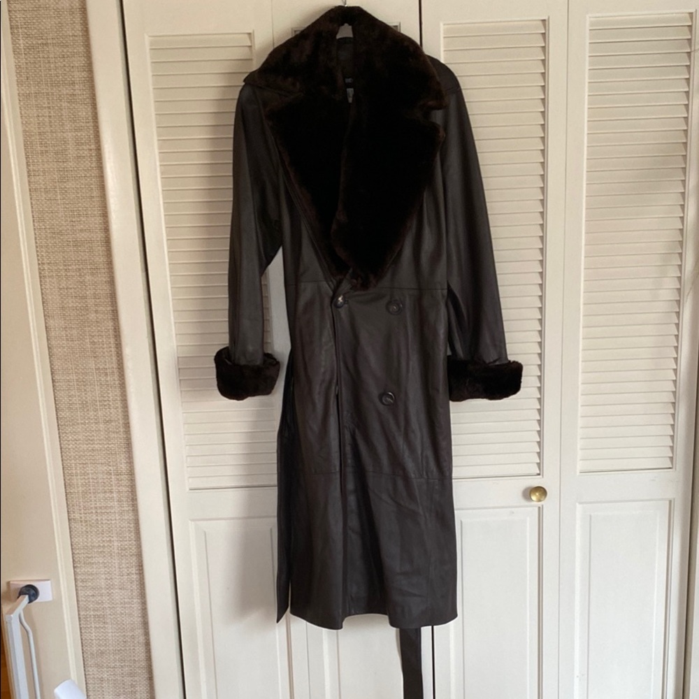 Brown Full Length Trench Coat with Plush Collar and Cuffs
